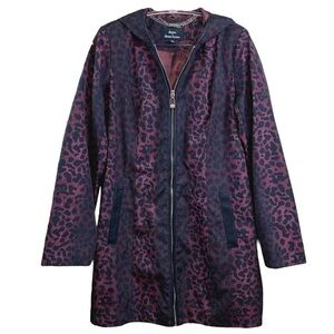 Dennis Basso Leopard Print Zip Hooded Rain Coat Jacket Burgundy Black Size XS